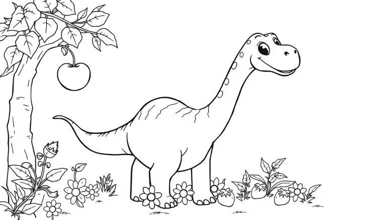 Schwarz-Weiß-Farbtafel eines freundlichen Dinosauriers, der im Garten steht.