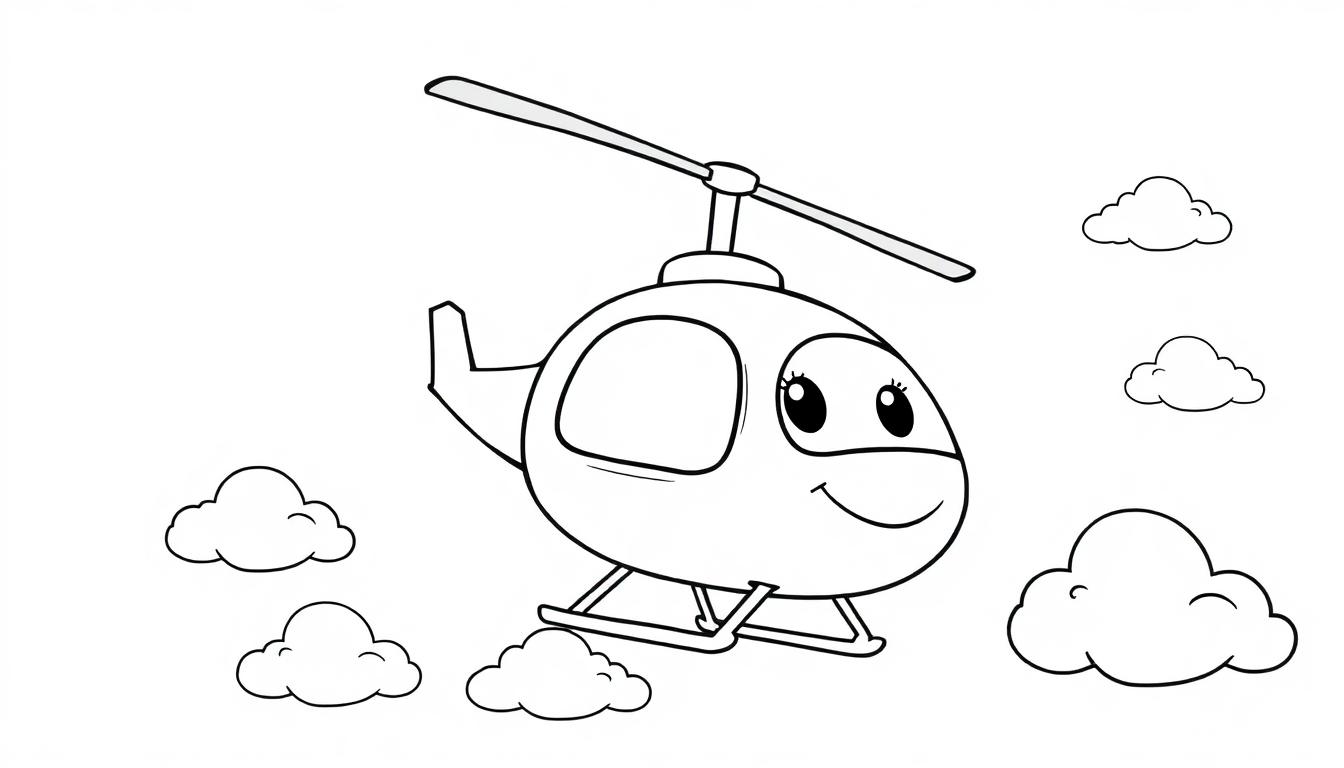 Ein lächelnder Cartoon-Hubschrauber fliegt durch Wolken auf einer Schwarz-Weiß-Farbtafel.