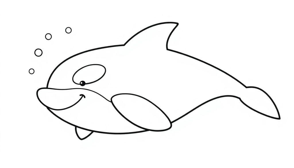 Eine freundliche Schwarz-Weiß-Farbtafel eines Orcas mit großer Rückenflosse und Blasen.
