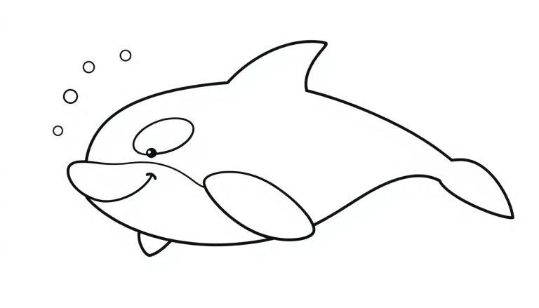 Eine freundliche Schwarz-Weiß-Farbtafel eines Orcas mit großer Rückenflosse und Blasen.