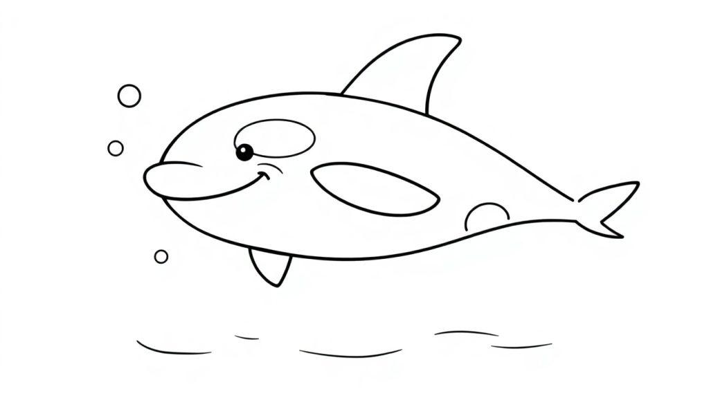 Schwarz-weiße Farbtafel eines freundlichen Orcas, der Blasen aufsteigen lässt.