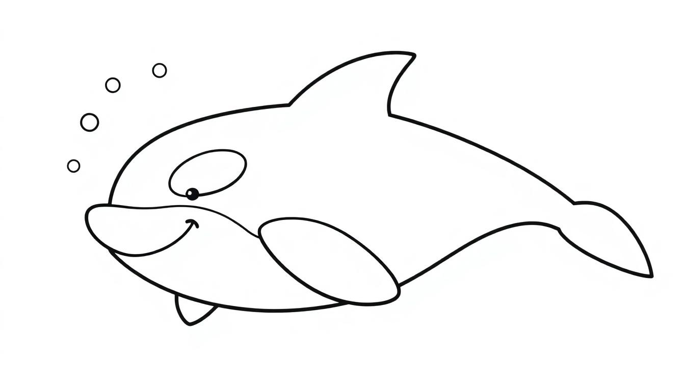 Eine freundliche Schwarz-Weiß-Farbtafel eines Orcas mit großer Rückenflosse und Blasen.