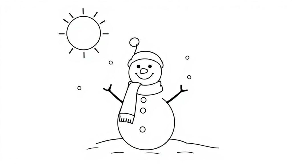 Eine Schwarz-Weiß-Farbtafel eines freundlichen Schneemanns mit Hut, Schal und Zweigarmen, der von einer Sonne angestrahlt wird.