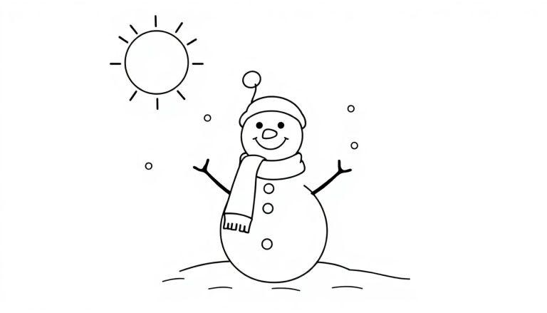 Eine Schwarz-Weiß-Farbtafel eines freundlichen Schneemanns mit Hut, Schal und Zweigarmen, der von einer Sonne angestrahlt wird.