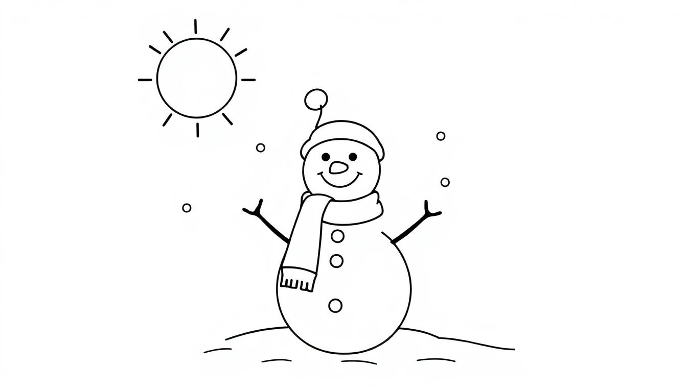 Eine Schwarz-Weiß-Farbtafel eines freundlichen Schneemanns mit Hut, Schal und Zweigarmen, der von einer Sonne angestrahlt wird.