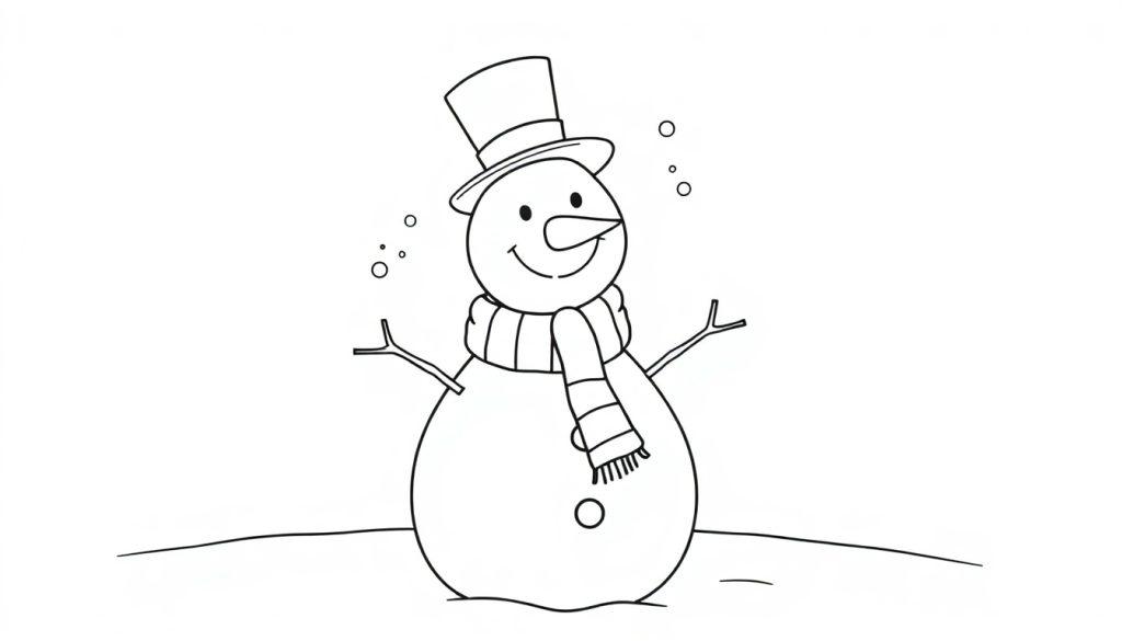 Eine Schwarz-Weiß-Farbtafel eines freundlichen Schneemanns mit Hut und Schal, bereit zum Ausmalen.