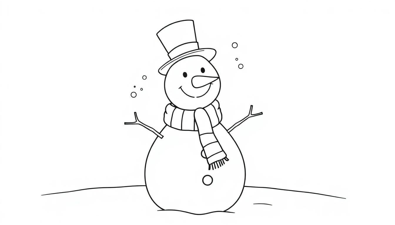 Eine Schwarz-Weiß-Farbtafel eines freundlichen Schneemanns mit Hut und Schal, bereit zum Ausmalen.