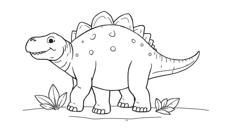 Schwarz-weiße Farbtafel eines freundlichen Stegosaurus mit Rückenplatten und einem spitzen Schwanz, umgeben von Pflanzen.