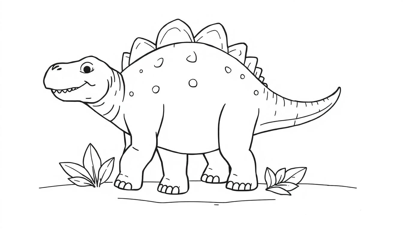 Schwarz-weiße Farbtafel eines freundlichen Stegosaurus mit Rückenplatten und einem spitzen Schwanz, umgeben von Pflanzen.
