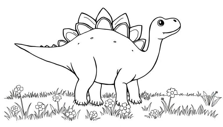 Eine schwarz-weiße Farbtafel-Zeichnung eines freundlichen Stegosaurus in einer Wiese.