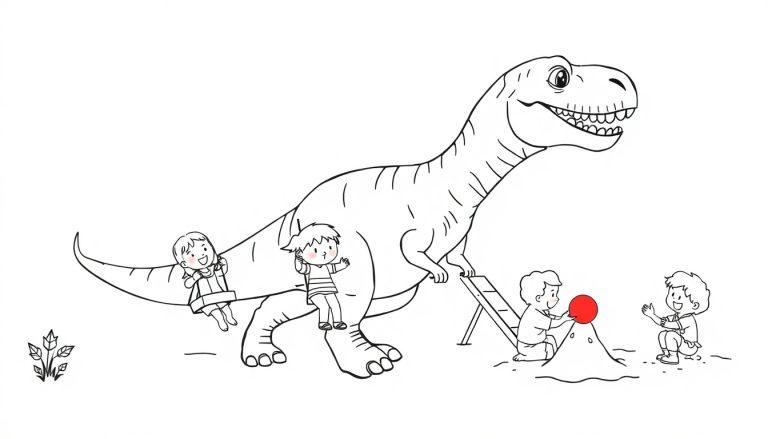 Eine Schwarz-Weiß-Farbtafel eines freundlichen T-Rex, auf dem Kinder spielen.