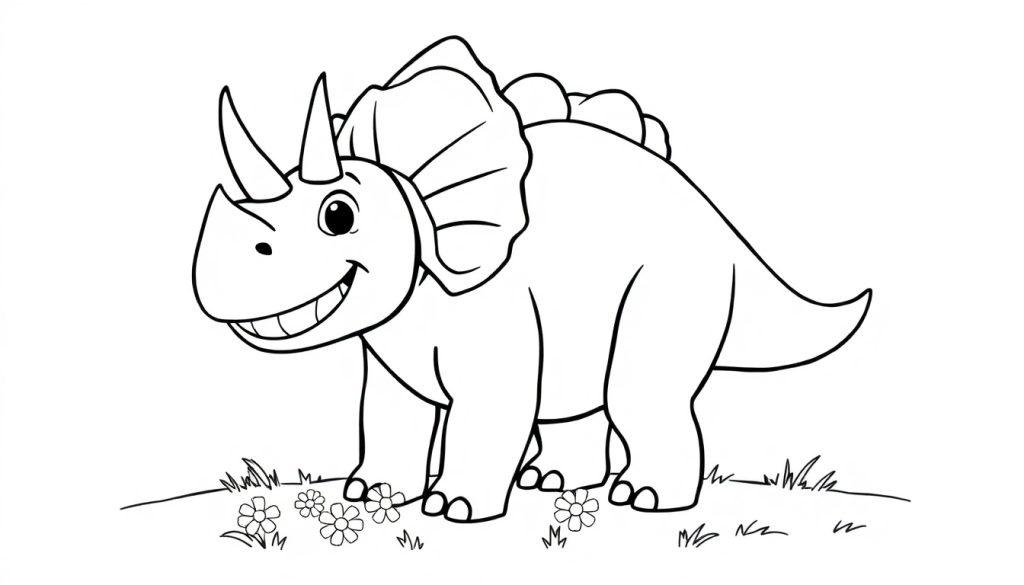Eine Schwarz-Weiß-Farbtafel eines freundlichen Cartoon-Triceratops mit drei Hörnern und einem Nackenschild, der auf einem Hügel steht.