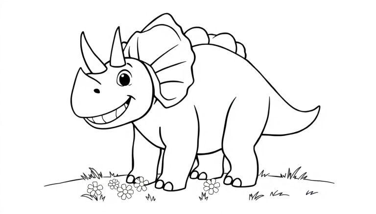 Eine Schwarz-Weiß-Farbtafel eines freundlichen Cartoon-Triceratops mit drei Hörnern und einem Nackenschild, der auf einem Hügel steht.