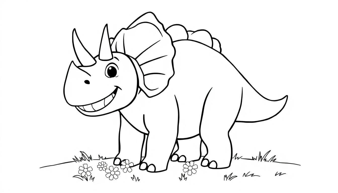 Eine Schwarz-Weiß-Farbtafel eines freundlichen Cartoon-Triceratops mit drei Hörnern und einem Nackenschild, der auf einem Hügel steht.