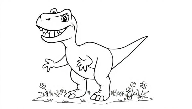Eine Farbtafel-Zeichnung eines lächelnden Velociraptors für Kinder.