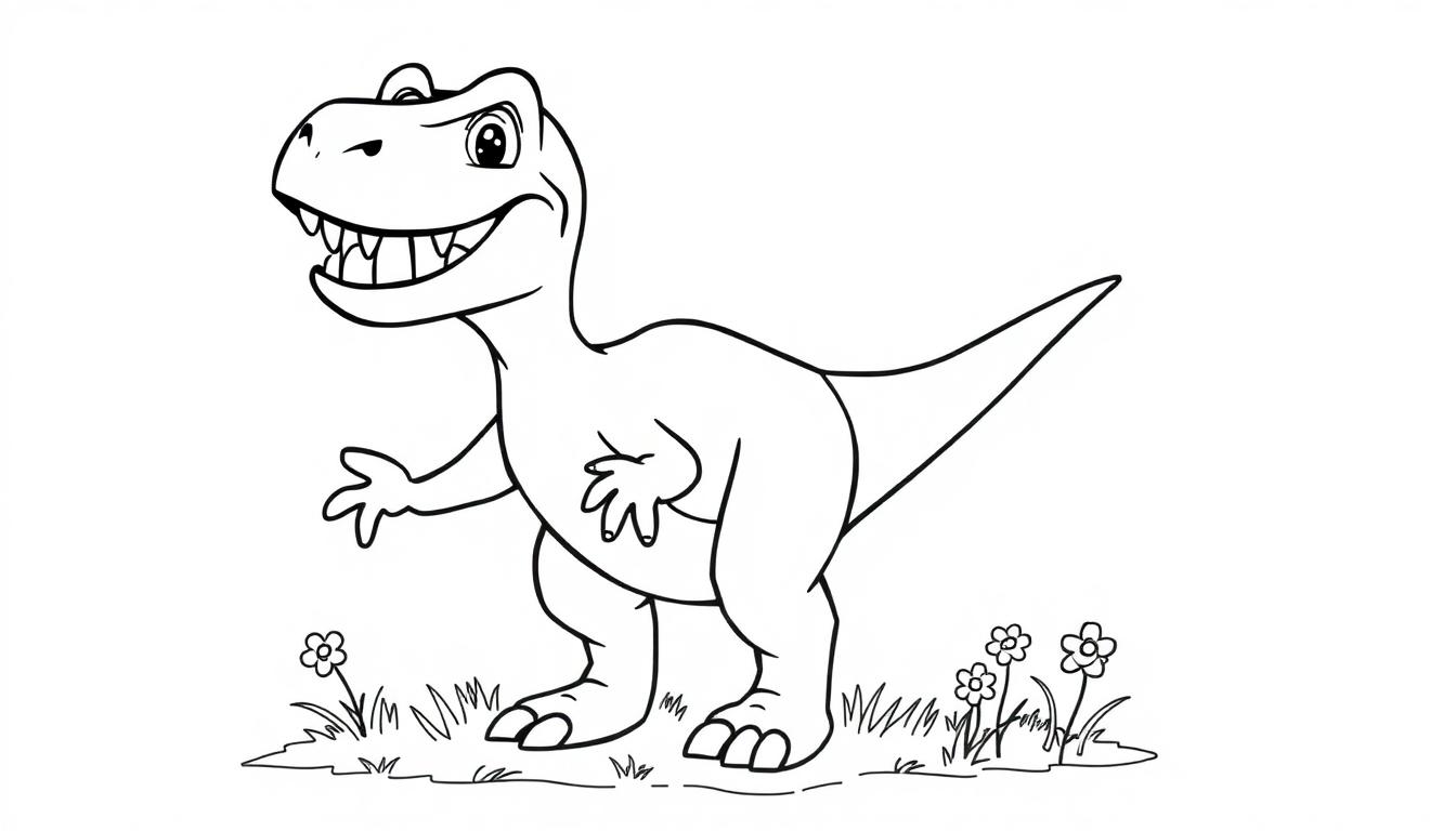 Eine Farbtafel-Zeichnung eines lächelnden Velociraptors für Kinder.