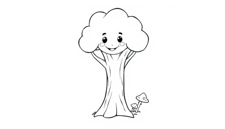 Farbtafel: Ein fröhlicher, stilisierter Baum mit freundlichem Gesicht und zwei Pilzen, bereit zum Ausmalen.