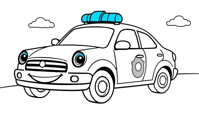 Schwarz-weiß Farbtafel eines freundlichen Cartoon-Polizeiautos mit blinkendem Blaulicht und einem Polizeiwappen.