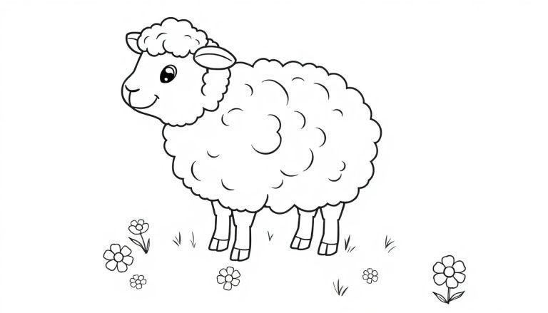 Farbtafel: Flauschiges Schaf auf einer Wiese zum Ausmalen
