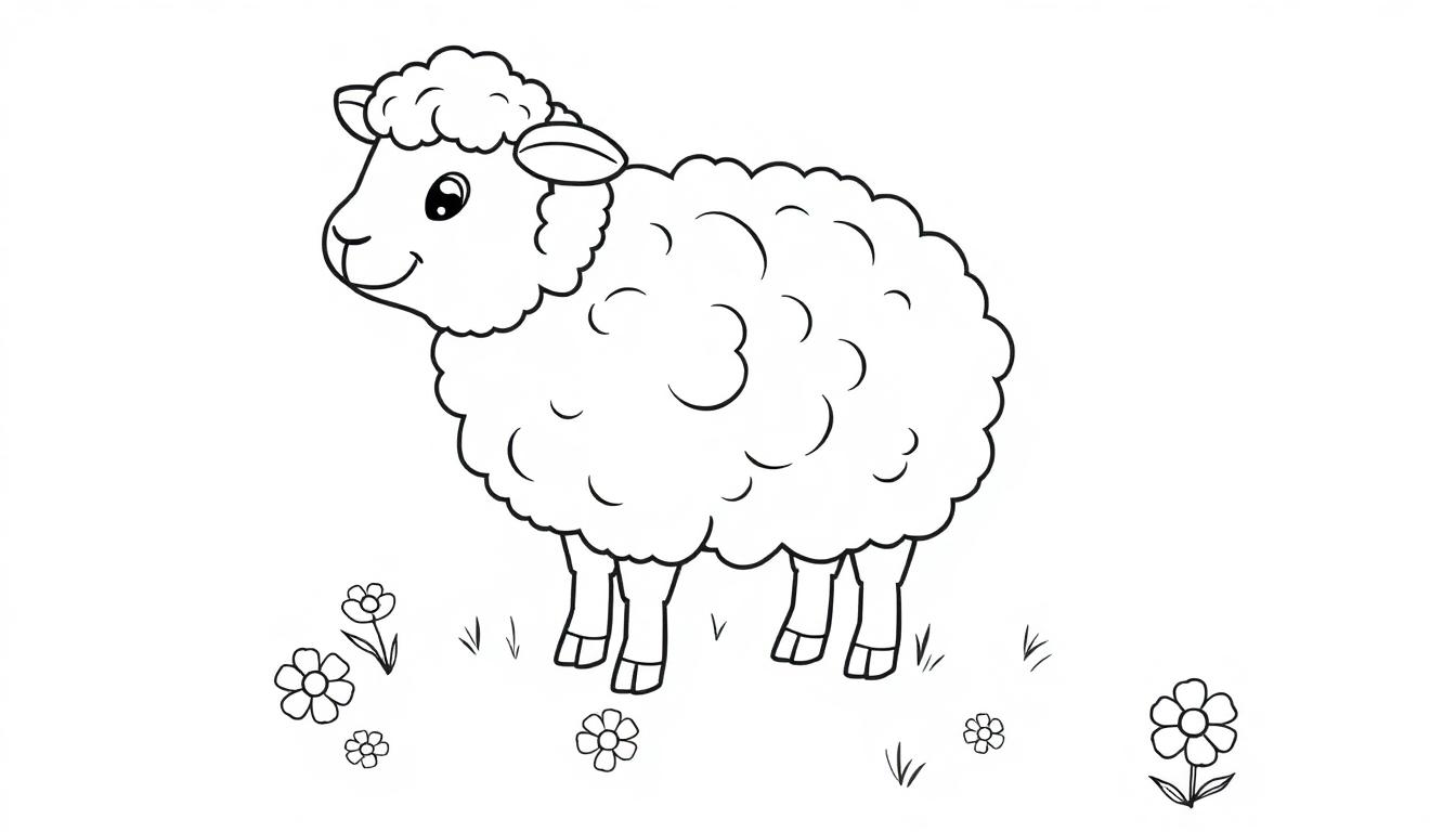 Farbtafel: Flauschiges Schaf auf einer Wiese zum Ausmalen