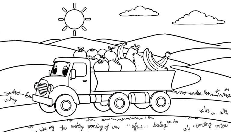 Schwarz-weiße Malvorlage: Ein freundlicher Cartoon-Lastwagen mit Früchten beladen fährt auf einer kurvenreichen Straße, umgeben von hügeliger Landschaft und Sonne. Eine Farbtafel für Kinder.