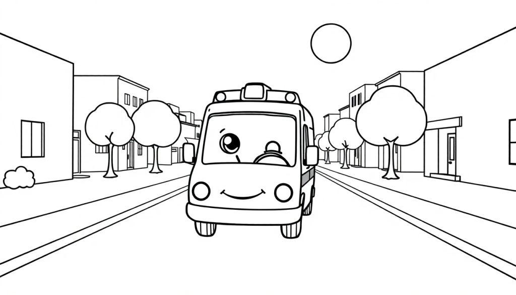 Schwarz-weiße Farbtafel-Zeichnung einer Cartoon-Ambulanz mit einem zwinkernden Auge und einem Lächeln, die eine Straße entlang fährt, gesäumt von Gebäuden und Bäumen. Ein Kreis stellt die Sonne dar.