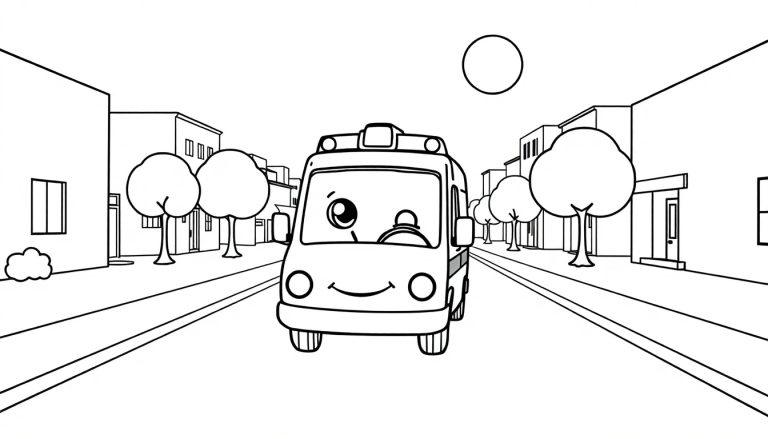 Schwarz-weiße Farbtafel-Zeichnung einer Cartoon-Ambulanz mit einem zwinkernden Auge und einem Lächeln, die eine Straße entlang fährt, gesäumt von Gebäuden und Bäumen. Ein Kreis stellt die Sonne dar.