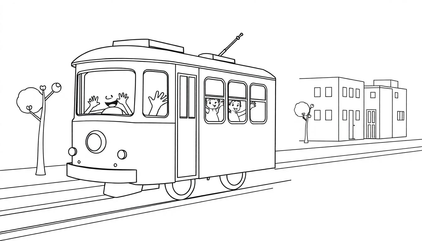 Eine Schwarz-Weiß-Farbtafel einer lächelnden Straßenbahn mit winkenden Kindern, bereit zum Ausmalen.