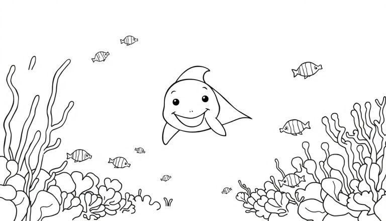 Schwarz-weiße Farbtafel einer Unterwasserwelt mit einem lächelnden Cartoonfisch und kleineren Fischen, umgeben von Seetang und Korallen.