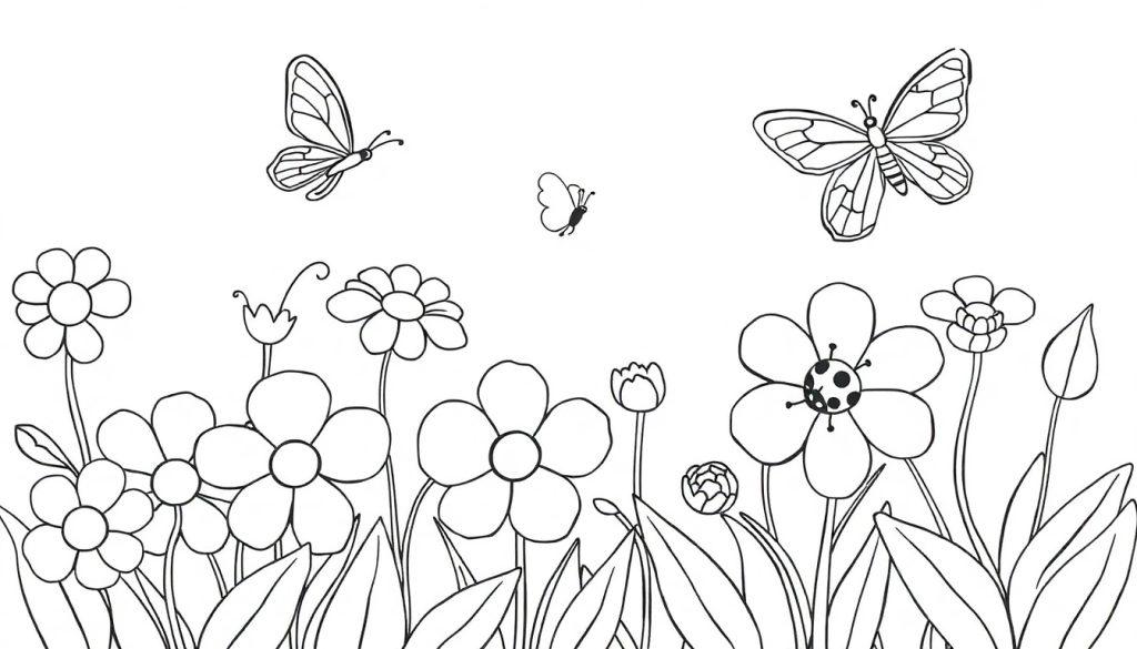 Schwarz-weiße Farbtafel eines Gartens mit Blumen und Schmetterlingen zum Ausmalen.