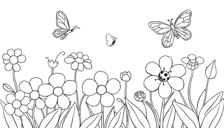 Schwarz-weiße Farbtafel eines Gartens mit Blumen und Schmetterlingen zum Ausmalen.