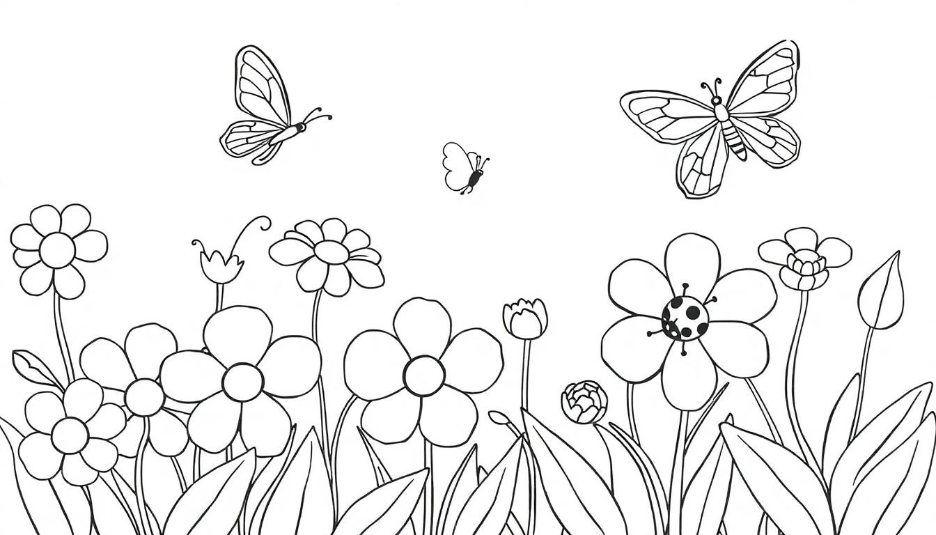 Schwarz-weiße Farbtafel eines Gartens mit Blumen und Schmetterlingen zum Ausmalen.