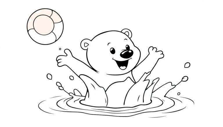 Schwarz-Weiß-Farbtafel eines fröhlichen Eisbären, der im Wasser mit einem Ball planscht.