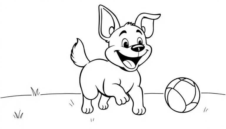 Schwarz-weiße Farbtafel eines glücklichen Cartoon-Hundes mit großen Ohren, der einem Ball im Feld hinterherjagt.