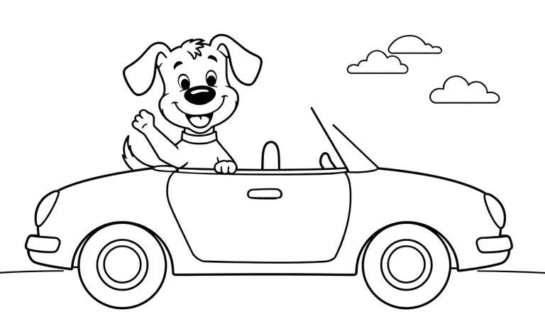 Eine Schwarz-Weiß-Farbtafel eines Cartoon-Hundes, der in einem Cabrio winkt.