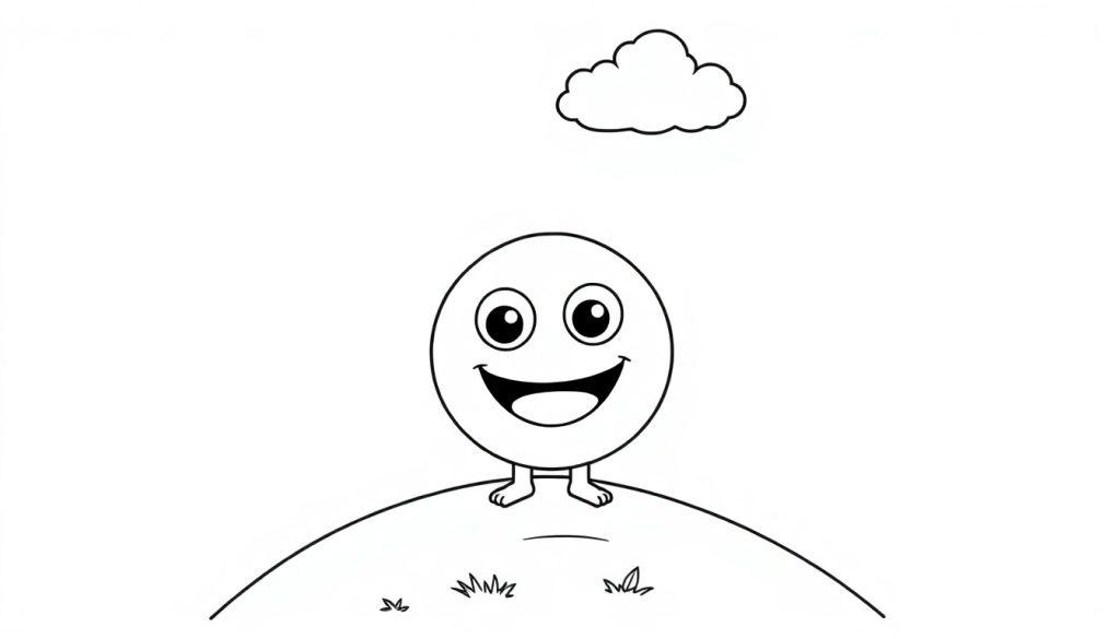 Eine niedliche Farbtafel-Zeichentrickfigur mit einem Smiley-Gesicht steht auf einem Hügel unter einer Wolke.