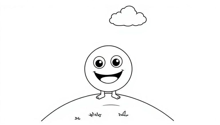 Eine niedliche Farbtafel-Zeichentrickfigur mit einem Smiley-Gesicht steht auf einem Hügel unter einer Wolke.