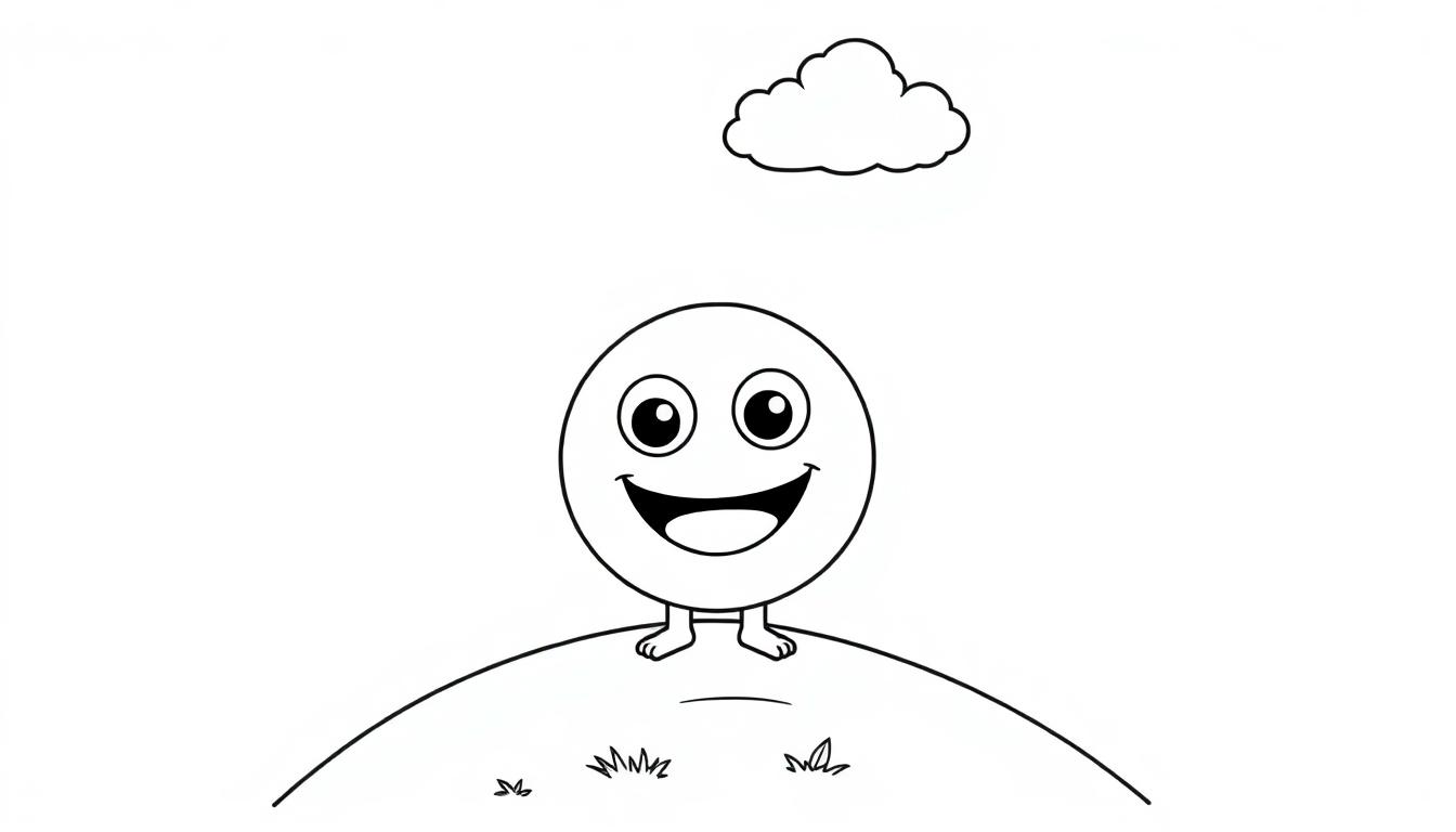 Eine niedliche Farbtafel-Zeichentrickfigur mit einem Smiley-Gesicht steht auf einem Hügel unter einer Wolke.