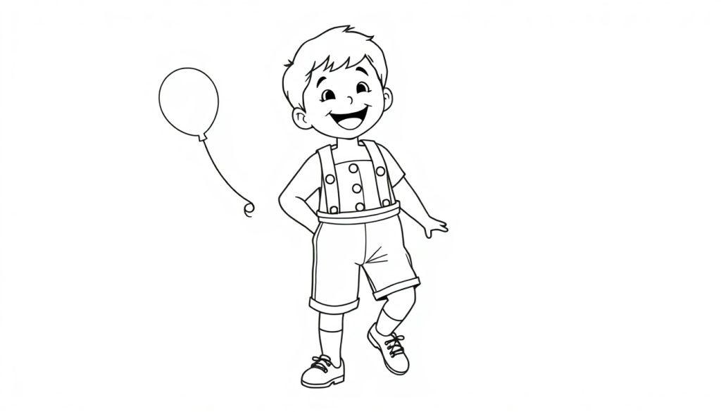 Schwarz-weiße Farbtafel eines lächelnden Jungen in Lederhosen, der mit einem Ballon spielt.