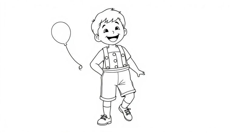 Schwarz-weiße Farbtafel eines lächelnden Jungen in Lederhosen, der mit einem Ballon spielt.