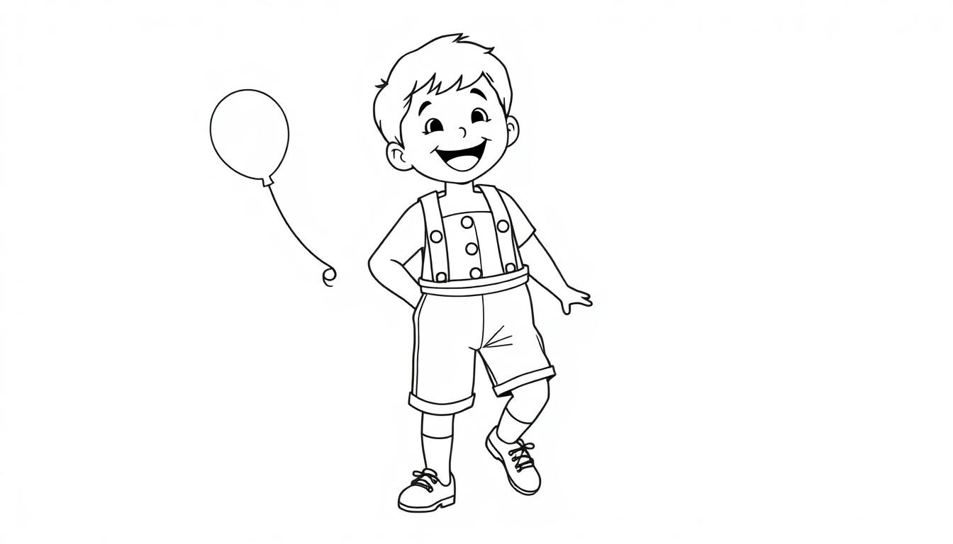 Schwarz-weiße Farbtafel eines lächelnden Jungen in Lederhosen, der mit einem Ballon spielt.
