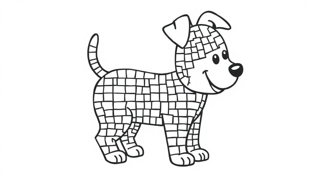 Schwarz-weiße Farbtafel eines Cartoon-Hundes mit einem Mosaikmuster aus Quadraten.