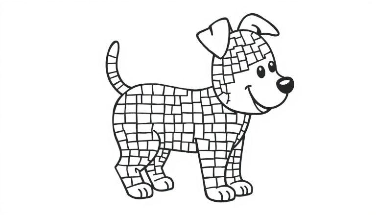 Schwarz-weiße Farbtafel eines Cartoon-Hundes mit einem Mosaikmuster aus Quadraten.