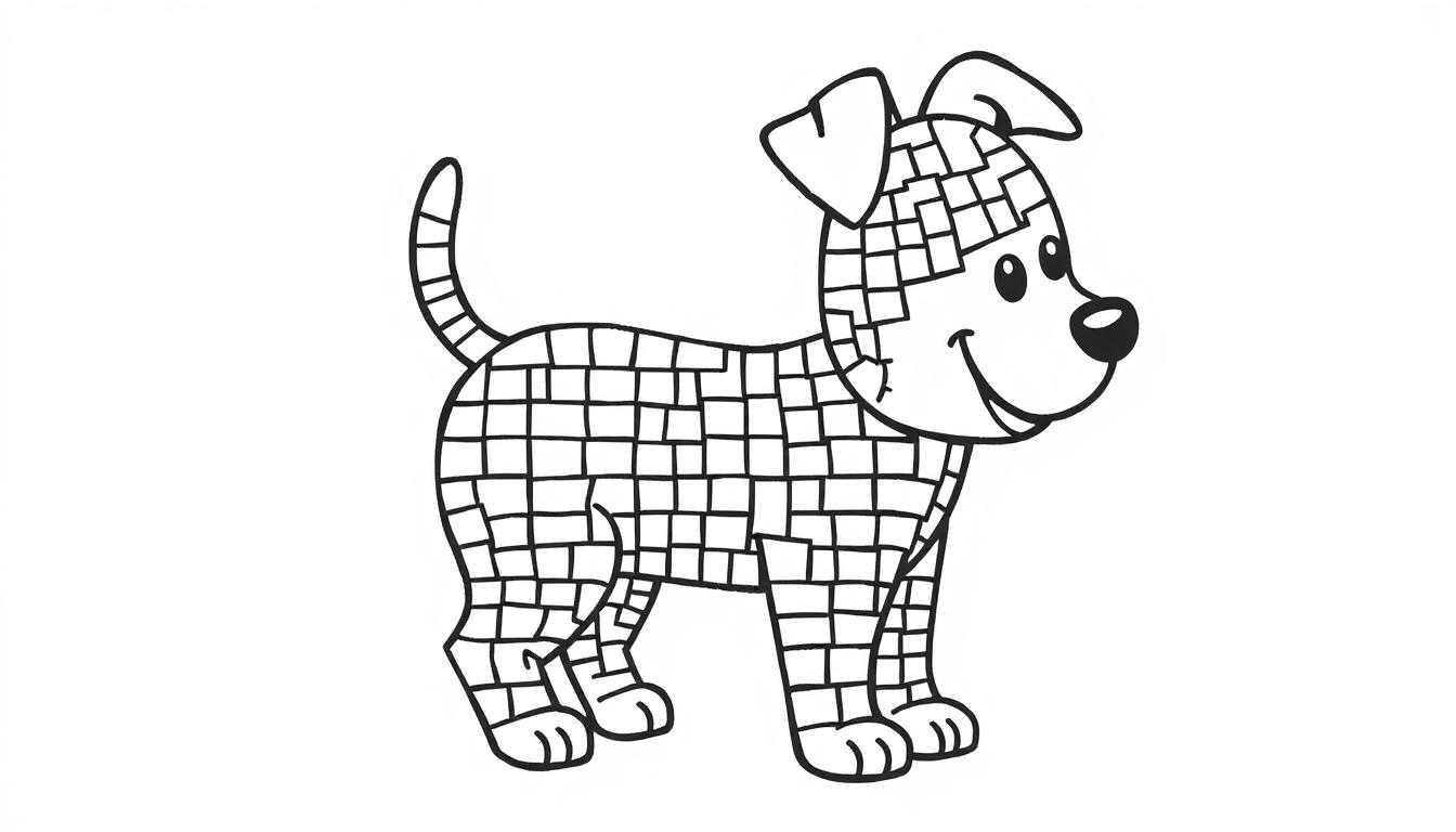 Schwarz-weiße Farbtafel eines Cartoon-Hundes mit einem Mosaikmuster aus Quadraten.