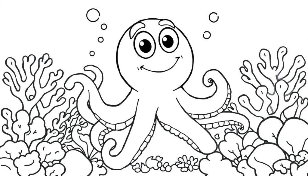 Schwarz-Weiß-Farbtafel eines fröhlichen Oktopus mit großen Augen und breitem Lächeln, der sich inmitten von Korallen und Algen im Wasser bewegt.
