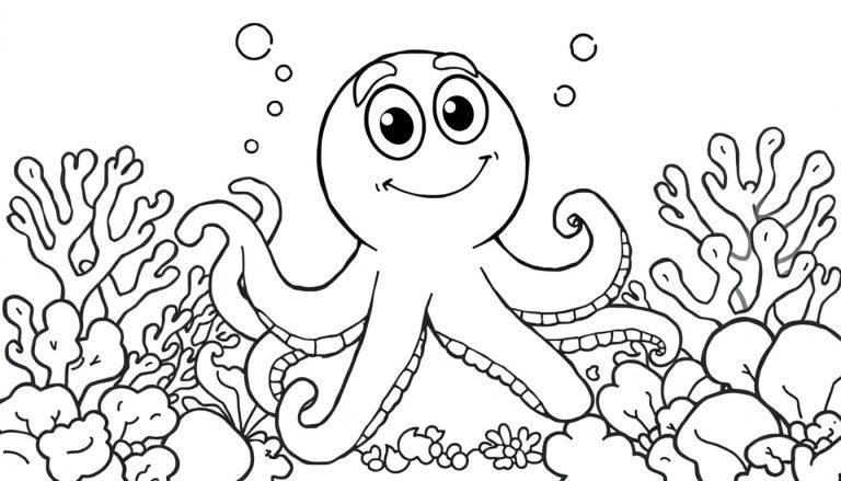 Schwarz-Weiß-Farbtafel eines fröhlichen Oktopus mit großen Augen und breitem Lächeln, der sich inmitten von Korallen und Algen im Wasser bewegt.