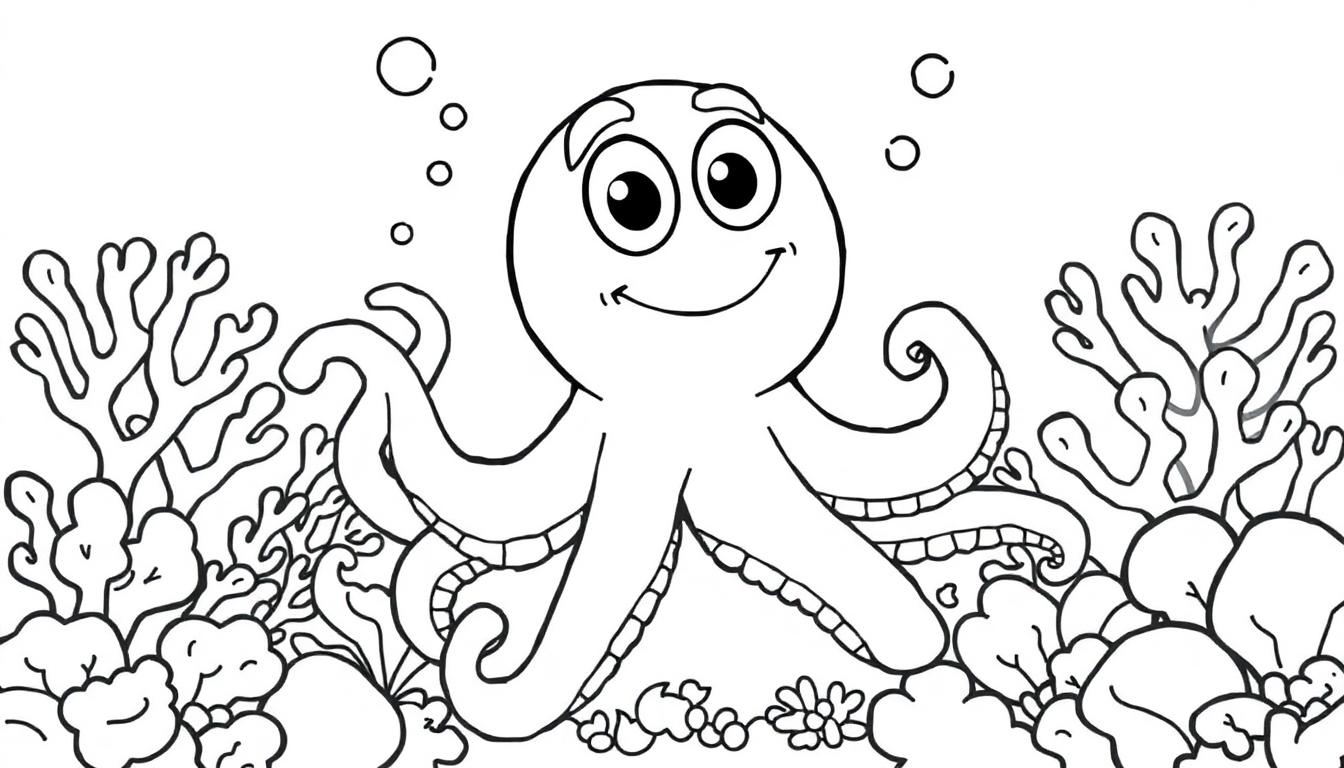 Schwarz-Weiß-Farbtafel eines fröhlichen Oktopus mit großen Augen und breitem Lächeln, der sich inmitten von Korallen und Algen im Wasser bewegt.