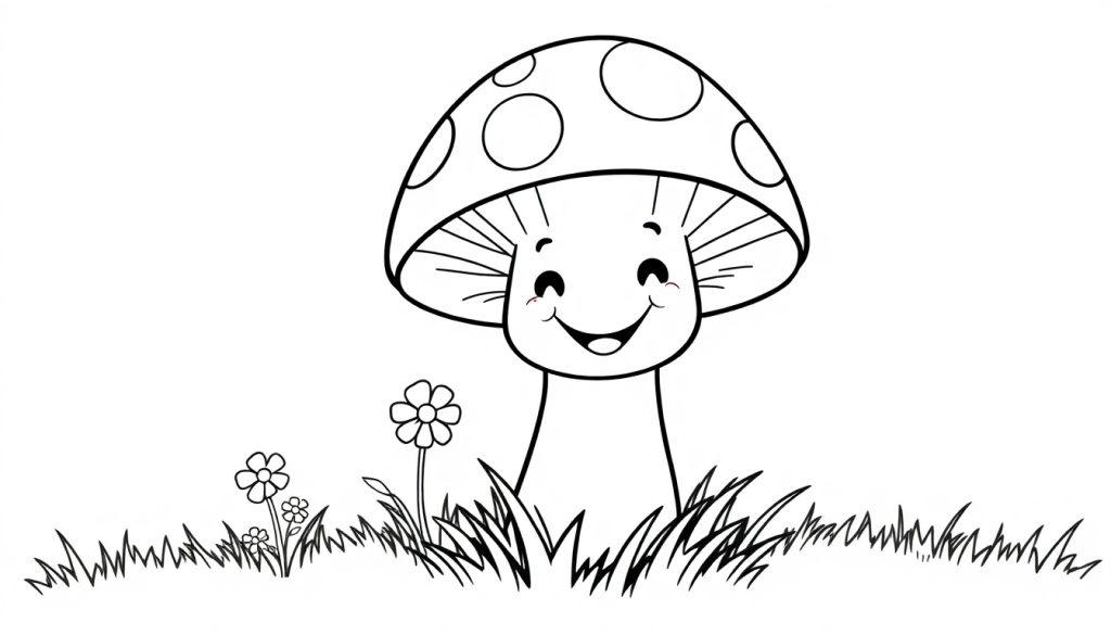 Farbtafel eines lächelnden Cartoon-Pilzes mit großen Punkten auf seinem Hut, umgeben von Gras und Blumen.