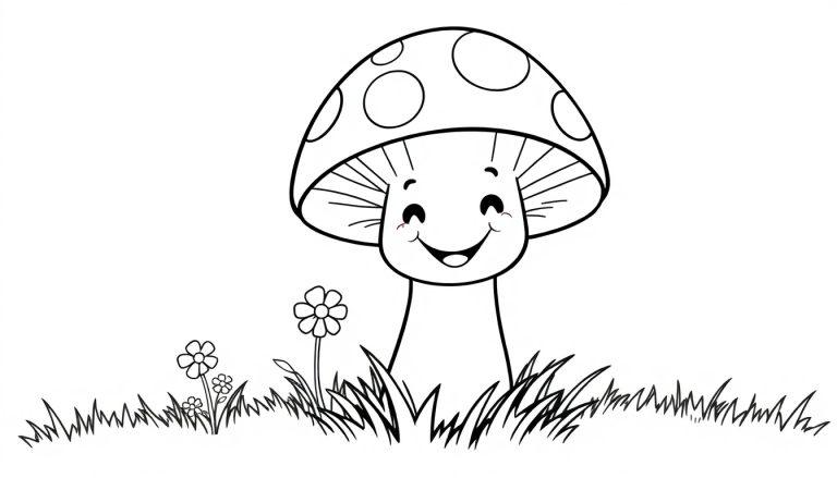 Farbtafel eines lächelnden Cartoon-Pilzes mit großen Punkten auf seinem Hut, umgeben von Gras und Blumen.