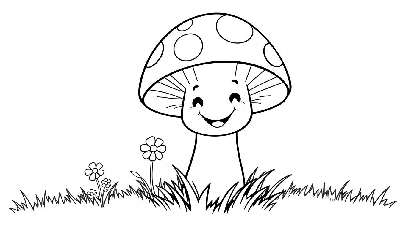 Farbtafel eines lächelnden Cartoon-Pilzes mit großen Punkten auf seinem Hut, umgeben von Gras und Blumen.